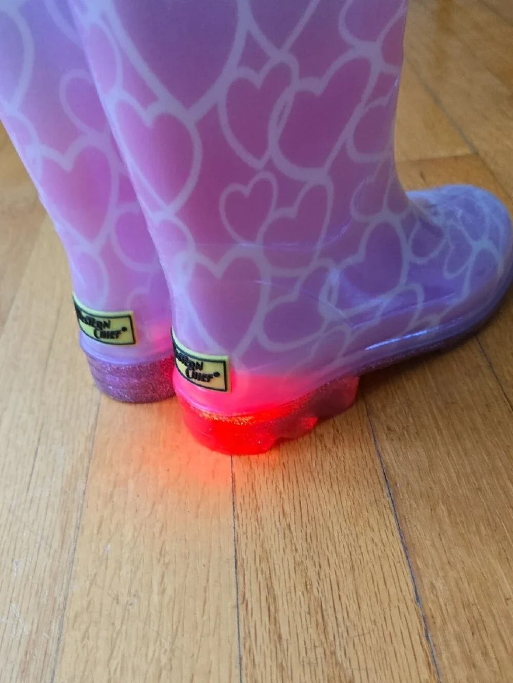 Western Chief Pink and Purple Heart Pattern Kids Rain Boots with Glitter Handles